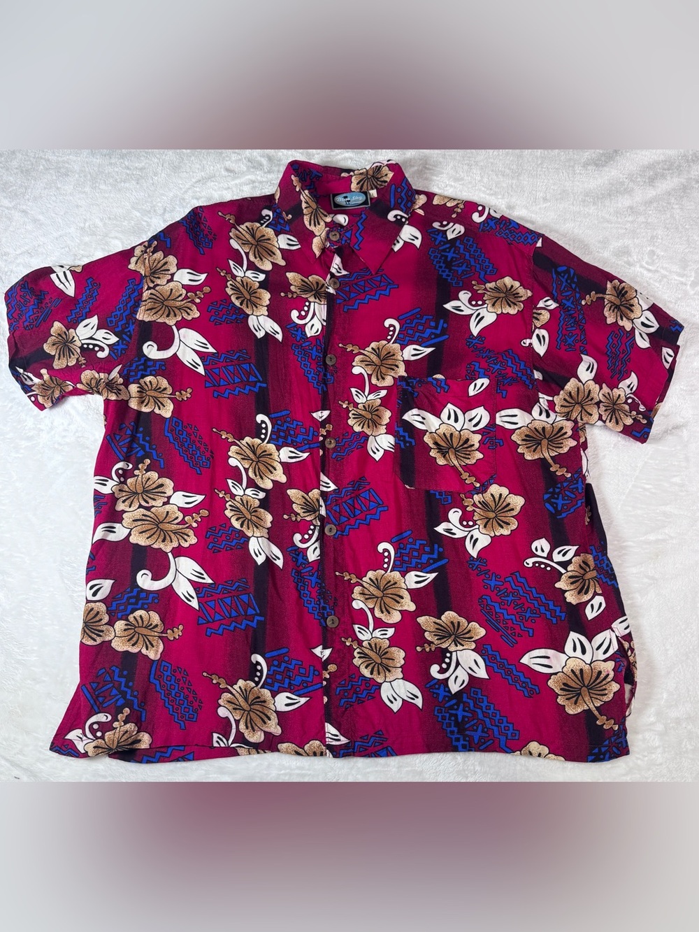 Blue Sky Hawaiian Shirt Men’s L 100% Rayon Hibiscus Floral Aloha Tropical